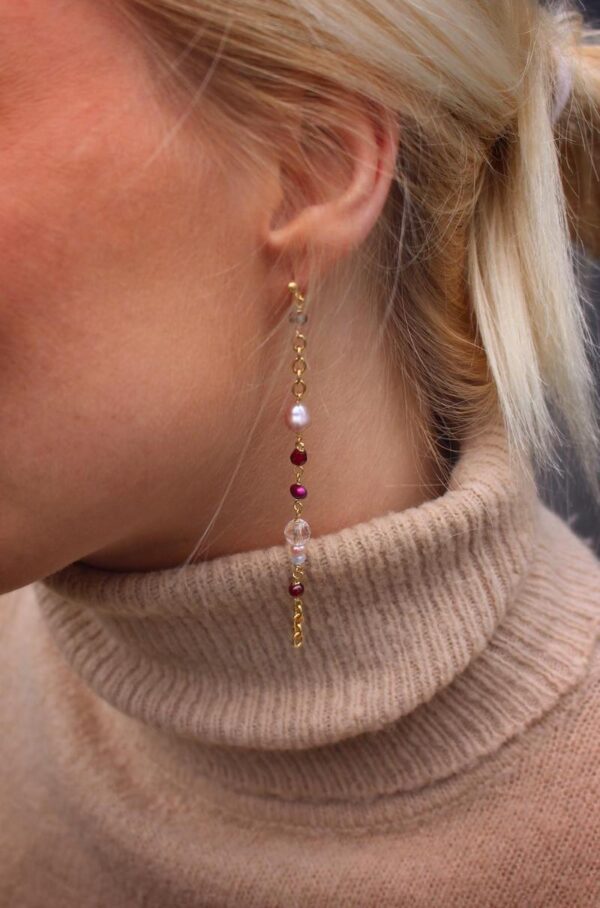 Rosa øreringe mix af perler og sten i lyserøde toner 18 karat guld forgyldt sølv ca 9,5 cm lange